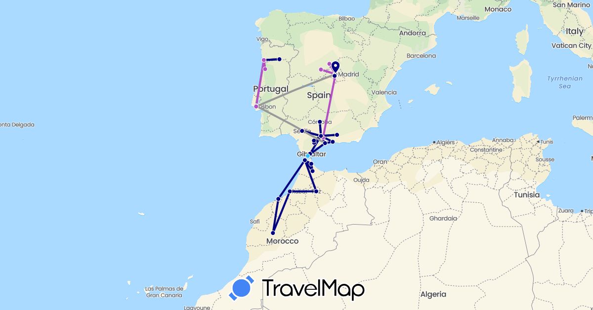 TravelMap itinerary: driving, plane, train, boat in Spain, Morocco, Portugal (Africa, Europe)